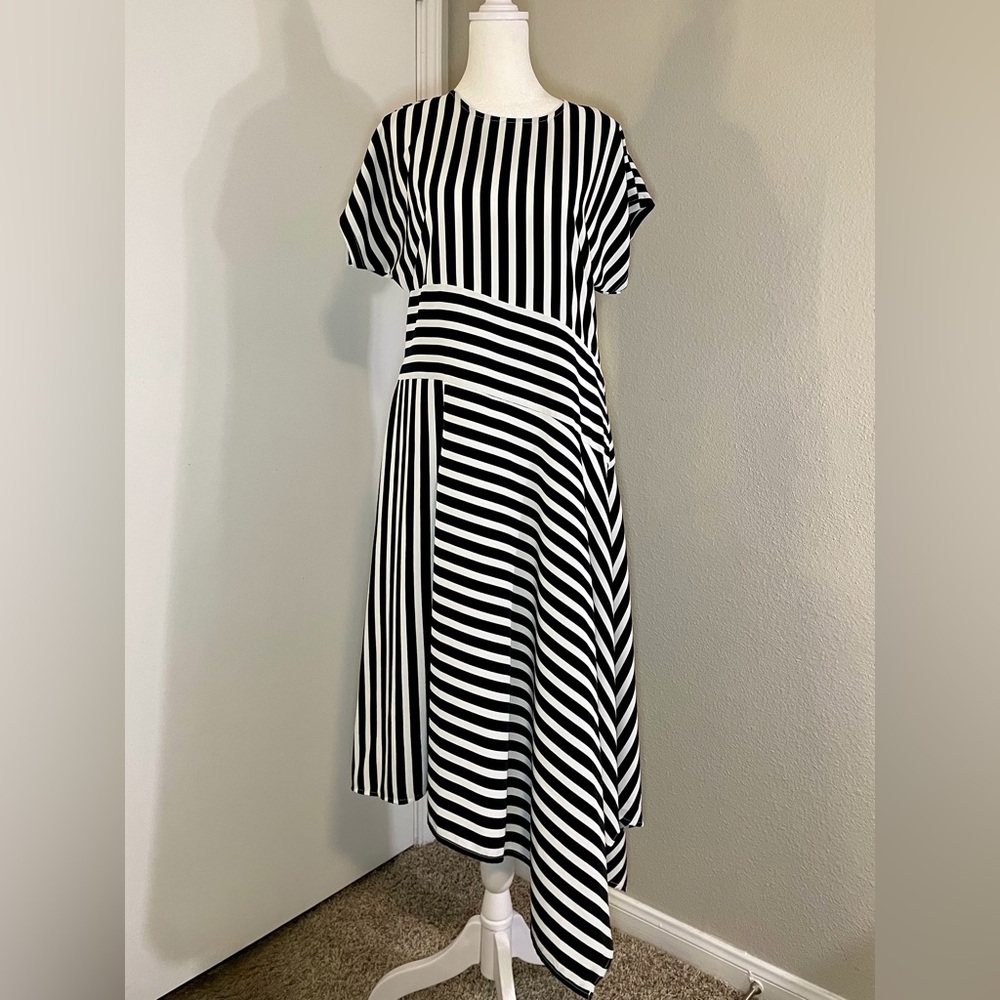 Karl Lagerfeld Paris Asymmetrical Multi-Directional Striped Midi Dress L